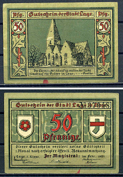 Лаге (Липпе) 50 пфеннигов 1921 DeNG 1/2 0757.2-2/2 бумага aUNC 7556-21-1-1