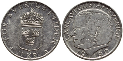 Швеция 1 крона 1999 Карл XVI Густав (1973- ) KM 852a медно-никель 4610-751