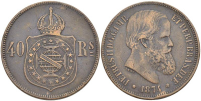 БРАЗИЛИЯ 40 РЕЙС 1874 ПЕДРО II (1831-1889) KM 479 бронза 4517-1145