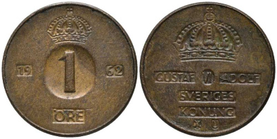 Швеция 1 эре 1962 U, Густав VI Адольф (1950-1973) KM 820 бронза 201-1152