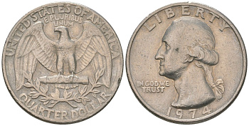 США 25 центов (квотер) 1974 Вашингтон KM 164a медь плакированная медно-никелем 4597-223