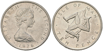 Остров Мэн 10 пенсов 1976 герб, Елизавета II (1952-2022) KM 23 медно-никель aUNC 4619-126