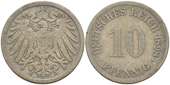 ГЕРМАНИЯ 10 ПФЕННИГОВ 1898 D KM 12, J. 13 медно-никель 4401-1024