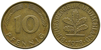 ФРГ 10 ПФЕННИГОВ 1978 G KM 108, J.383 сталь плакированная латунью 41-1012