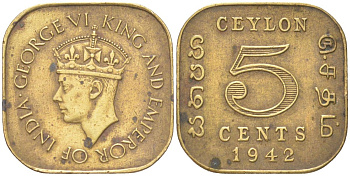 Цейлон 5 центов 1942 KM 113.1 никель латунь 4621-919