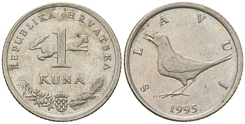 Хорватия 1 куна 1995 западный соловей, легенда на хорватском KM 9.1 медь цинк никель aUNC 4448-427