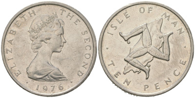 Остров Мэн 10 пенсов 1976 герб, Елизавета II (1952-2022) KM 23 медно-никель aUNC 4619-126
