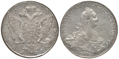 Россия 1 рубль 1774 СПБ-ТИ-ФЛ, Екатерина II (1762-1796) Биткин 218, Петров 2,5 рубля серебро 10-009-68