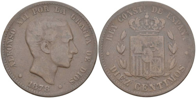 ИСПАНИЯ 10 СЕНТИМО 1878 ОМ, АЛЬФОНСО XII (1874-1885) KM 675 (Y70) бронза 4545-1222