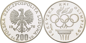 Польша 200 злотых 1976 MW, XXI олимпийские игры 1976 года в Монреале, олимпийский огонь и кольца, PROBE, пробный выпуск, тираж 6048 экз. KM Pr 285, Parchimowicz P.421a серебро PROOF 1085-1-44