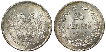 Россия для Финляндии 25 пенни 1917 S, временное правительство, без короны KM 19, Биткин 2 серебро 75-1446