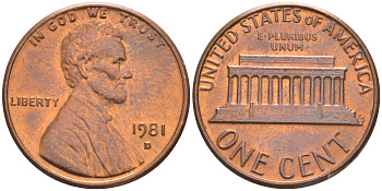 США 1 ЦЕНТ 1981 D, ЛИНКОЛЬН KM 201 медь цинк UNC 187-733