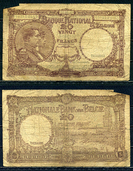 Бельгия 20 франков 1945 10.02.1945, Король Альберт I и его жена Королева Елизавета, Гран-Плас / Гроте Маркт, Брюссель Pick 111 (3) бумага 6301-14-2-1