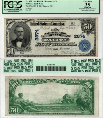 США, National Bank Note 50 долларов 1902 Национальный Банк и Трастовая Компания Сити, Дейтон, Огайо. В слабе компании PCGS Currency. Сохранность - «35 Apparent». Fr. 675  бумага   10-2-39