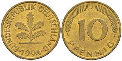 ФРГ 10 пфеннигов 1994 J KM 108, J.383 сталь плакированная латунью 4681-1213