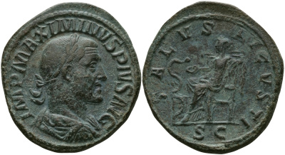 Римская Империя сестерций 235 - 236 Максимин Фракиец SALVS AVGVSTI Салюта, персонификация Здоровья, Рим Good Very fine 21,75 гр RIC 64 бронза 1073-8-32