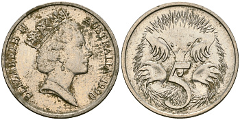 Австралия 5 центов 1990 Елизавета II (1952-), ехидна KM 80 медно-никель 4608-829