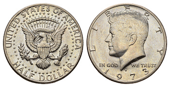 США 1/2 доллара (50 центов) 1973 D, Джон Кеннеди KM 202b медь плакированная медно-никелем UNC 4672-533