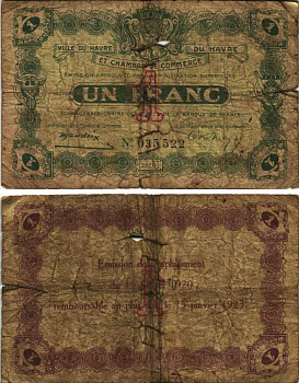 Франция, Гавр 1 франк 1920-1923 коммерческая палата бумага 7191-16-1-2