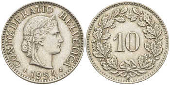 ШВЕЙЦАРИЯ 10 РАППЕНОВ 1954 В KM 27 медно-никель 216-1247