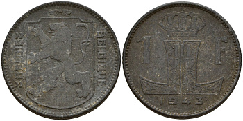 Бельгия 1 франк 1943 Belgique - Belgie, Леопольд III (1934-1947), германская оккупация, Вторая мировая война KM 127 цинк 4161-535