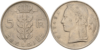 Бельгия 5 франков 1949 Belgie KM 135.1 медно-никель    4187-247