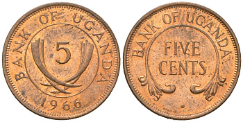 Уганда 5 центов 1966 KM 1 бронза aUNC 4609-1156