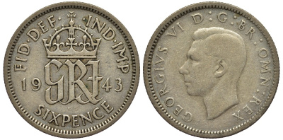 Великобритания 6 пенсов 1943 Георг VI (1936-1952) KM 852, Spink 4084 серебро 4538-524