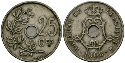Бельгия 25 сантимов 1908 Belgique KM 62 медно-никель 4168-1136