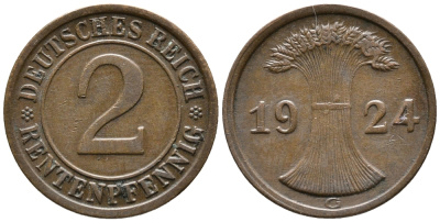ГЕРМАНИЯ 2 РЕНТЕНПФЕННИГА 1924 G KM 31, J. 307 бронза 24-452