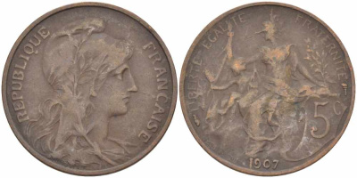 ФРАНЦИЯ 5 САНТИМОВ 1907 ТИП ДАНИЭЛЬ ДЮПЮИ KM 842, LE FRANC 119.17 бронза 108-854