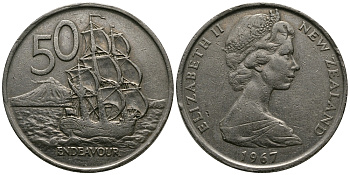 Новая Зеландия 50 центов 1967 Елизавета II (1952-2022), парусник Индевор KM 37.1 медно-никель 47-442