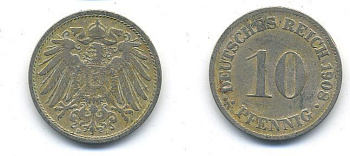 ГЕРМАНИЯ 10 ПФЕННИГОВ 1908 D KM 12, J. 13 медно-никель 58-324