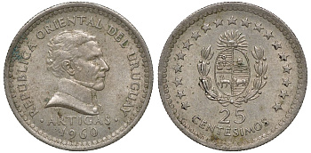 Уругвай 25 сентесимо 1960 KM 40 медно-никель 4169-767
