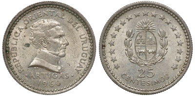 Уругвай 25 сентесимо 1960 KM 40 медно-никель 4169-813