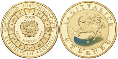 Армения 10000 драм 2008 знак зодиака - стрелец, эмаль KM 185 золото PROOF 00-808-33