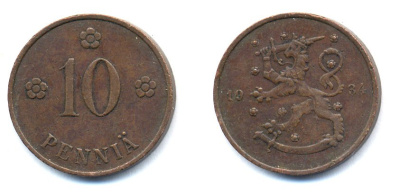 Финляндия 10 пенни 1934 республика (1918-1962) KM 24 медь 51-5344