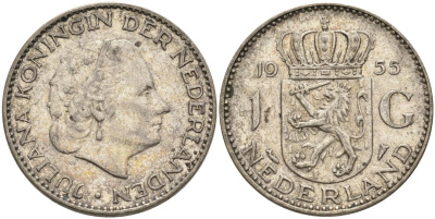 Нидерланды 1 гульден 1955 Юлиана (1948-1980) KM 184 серебро 4126-1143