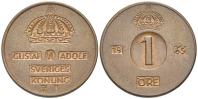 Швеция 1 эре 1965 U, Густав VI Адольф (1950-1973) KM 820 бронза 4516-426