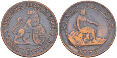 Испания 5 сентимо 1870 ОМ, лев со щитом KM 662 (Y53) медь 212-947