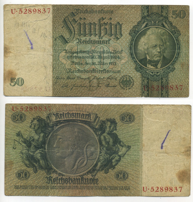 ГЕРМАНИЯ 50 РЕЙХСМАРОК 1933 Pick 182а бумага 7217-40-3