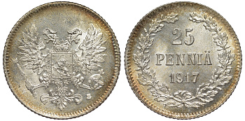 Россия для Финляндии 25 пенни 1917 S, временное правительство, без короны KM 19, Биткин 2 серебро 75-1521