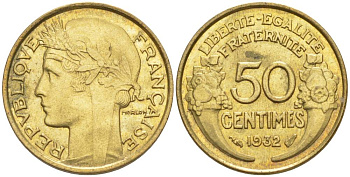 ФРАНЦИЯ 50 САНТИМОВ 1932 ТИП MORLON, OPEN 9, С ЯГОДОЙ KM 894.1, LE FRANC 192.7 алюминиевая бронза 44-661