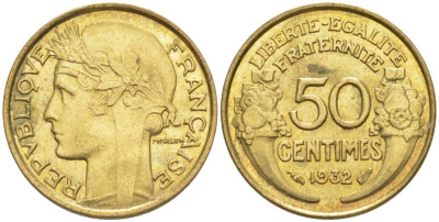 ФРАНЦИЯ 50 САНТИМОВ 1932 ТИП MORLON, OPEN 9, С ЯГОДОЙ KM 894.1, LE FRANC 192.7 алюминиевая бронза 44-661