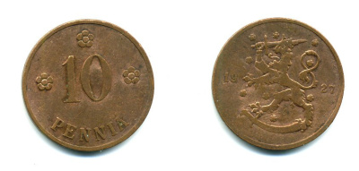 Финляндия 10 пенни 1927 республика (1918-1962) KM 24 медь 46-1555