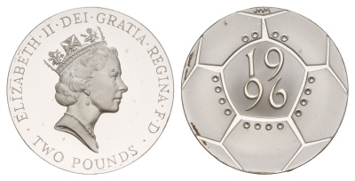 Великобритания 2 фунта 1996 Euro'96 Футбольный чемпионат KM 973a, Spink K7 серебро PROOF 11-252-13