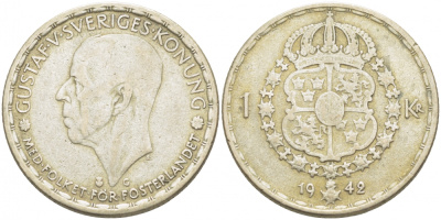 Швеция 1 крона 1942 G, Густав V (1907-1950) KM 814 серебро 175-1114
