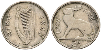 Ирландия 3 пенса 1948 заяц KM 12a медно-никель 4174-314