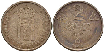 НОРВЕГИЯ 2 ЭРЕ 1937 ХОКОН VII (1905-1957) KM 371 бронза 119-915