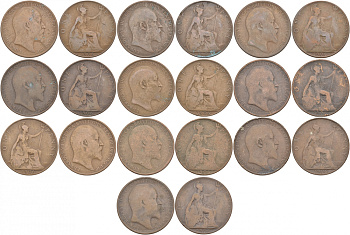 Великобритания лот из 20 монет по 1 пенни 1906 Эдуард VII (1901-1910) бронза M14-15